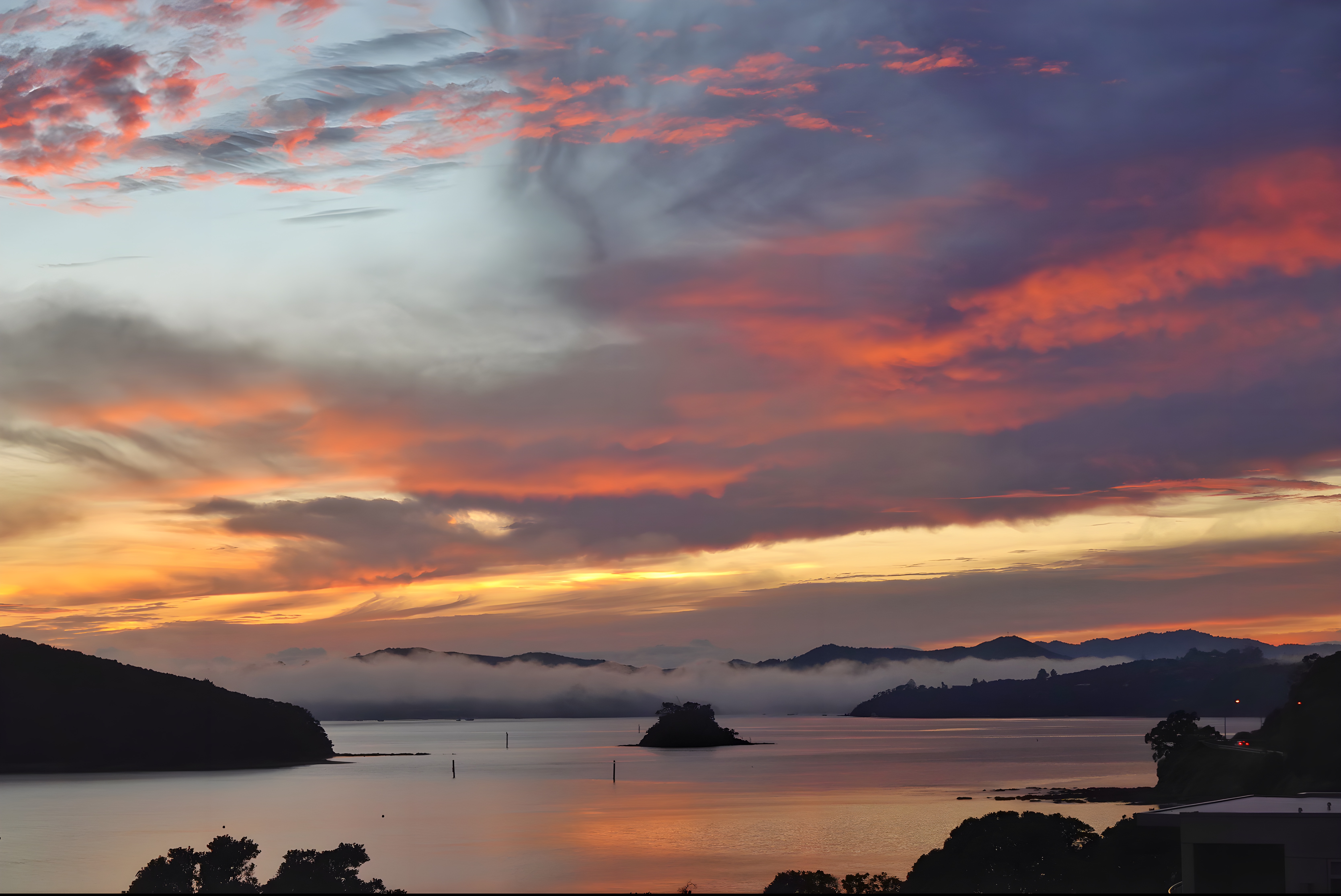 【精彩美图】清晨的新西兰岛屿湾，漫天朝霞似油画
